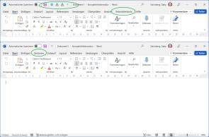 Screenshots Word-Menübänder vor und nach einer Änderung 
