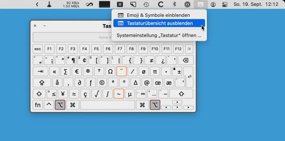 Eine virtuelle Tastatur zeigt, mit welchen Tastenkombinationen Sonderzeichen aufgerufen werden