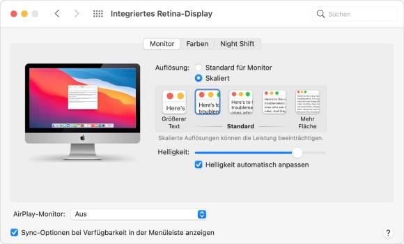 Der Screenshot zeigt die Einstellungen zur Monitorauflösung