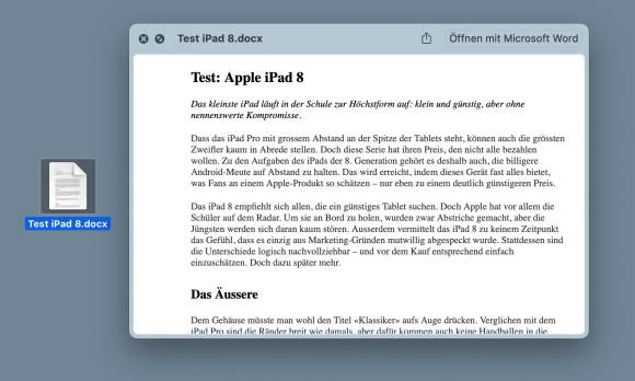 Der Screenshot zeigt ein Dokument auf dem Schreibtisch; rechts davon befindet sich ein Fenster, das den Inhalt in einer vereinfachten Form zeigt