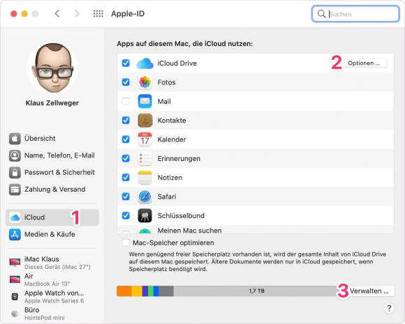 Der Screenshot zeigt, wo der Online-Speicher von iCloud verwaltet wird