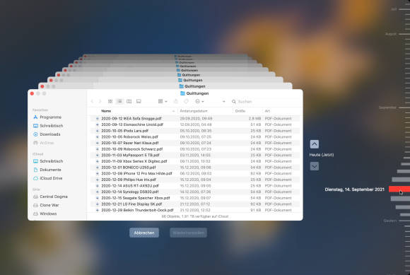 Der Screenshot zeigt in der Time Machine schier endlos viele Fenster hintereinander, die den zeitlichen Verlauf visualisieren