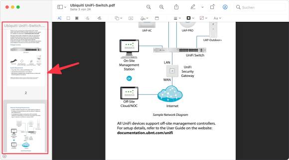 Der Screenshot zeigt die Anwendung «Vorschau» mit einem PDF; die Miniatur-Abbildungen an der Seite lassen sich beliebig neu anordnen