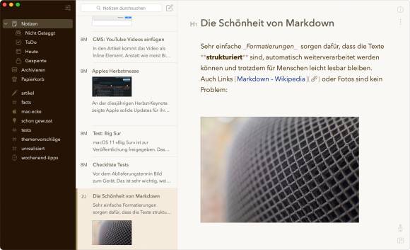 Der Screenshot zeigt die Anwendung «Bear» mit mehreren Notizen, auf denen Texte und Fotos abgelegt sind