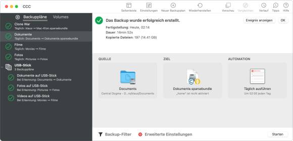 Der Screenshot zeigt Carbon Copy Cloner mit verschiedenen Backup-Einstellungen