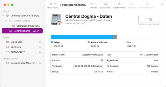 Der Screenshot zeigt das Festplattendienstprogramm, mit dem beliebige Massenspeicher eingerichtet werden können