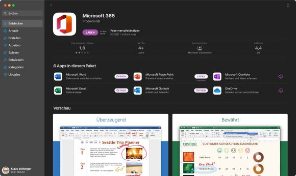 Der Screenshot zeigt den Mac App Store mit allen Programmen von Microsoft Office in der Übersicht