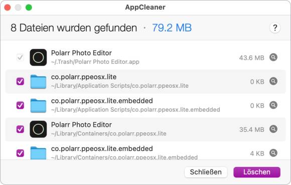 Der Screenshot zeigt, wie neben der App auch zugehörige Dateien und Ordner zur Löschung vorgeschlagen werden