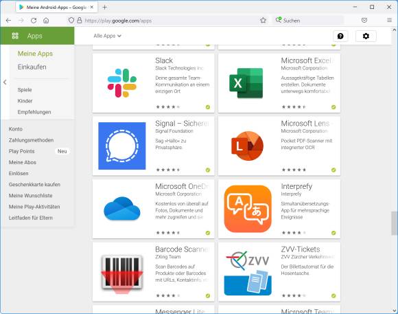 Screenshot des Google Play Stores in einem Desktop-Webbrowser 