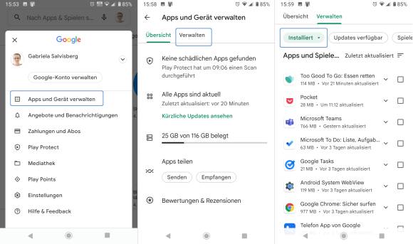 Screenshots aus der App-Verwaltung