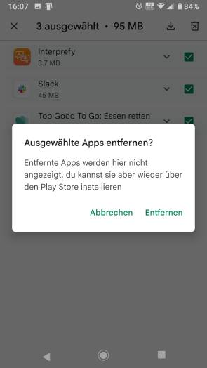 Screenshot beim Löschen der Apps aus der App-Verwaltung