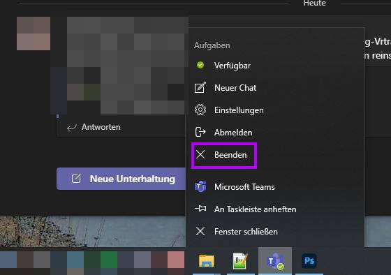 So beenden Sie Microsoft Teams am Computer manuell Teams manuell beenden