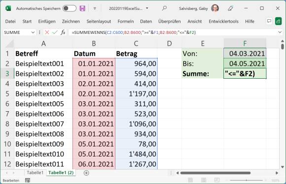 Excel/LibreOffice: Summe zwischen zwei Kalenderdaten - pctipp.ch