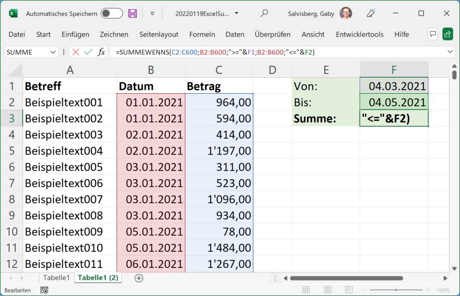 Excel/LibreOffice: Summe zwischen zwei Kalenderdaten - pctipp.ch