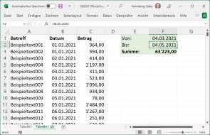 Screenshot Excel mit einer Summe zwischen zwei Kalenderdaten 