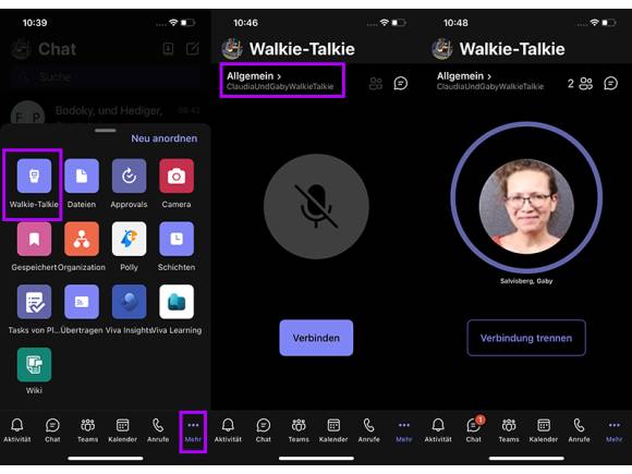 Screenshot Microsoft Teams auf dem Smartphone mit der Walkie-Talkie-Funktion 