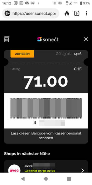 Dies zeigt den Beleg mit Barcode, der an der Kasse gescannt werden muss