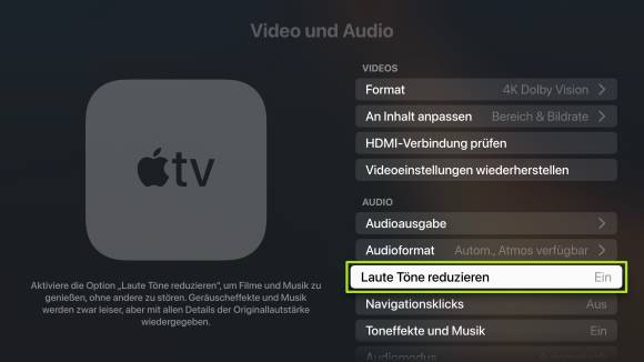 Der Screenshot zeigt die Einstellungen am Apple TV, um die lauten Passagen automatisch zu dämpfen