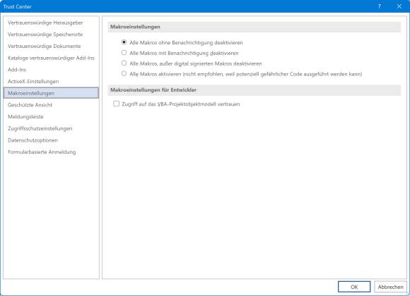 Screenshot der Makroeinstellungen