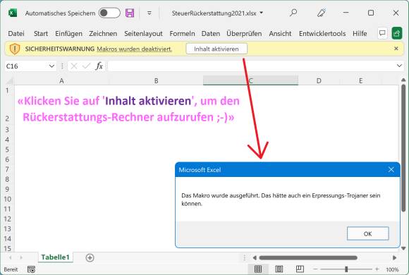 Screenshot einer Excel-Datei mit Meldungsleiste und Messagebox 