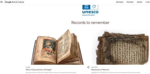 Unesco "Memory of the world" banner bei Google Arts & Culture 