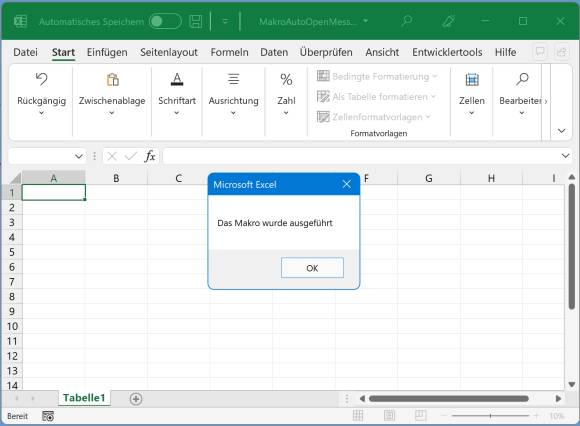 Screenshot eines Excel-Fenster mit der Dialogbox aus dem Testmakro 