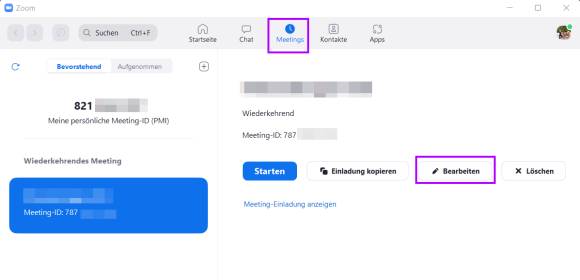Bearbeitungsoption für Meetings