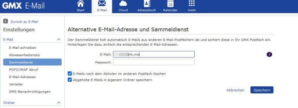 Screenshot vom Hinzfügen der ik.me-Adresse im GMX-Maildienst