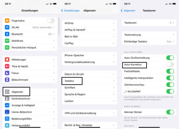 Autokorrektur-Einstellungen auf dem iPhone