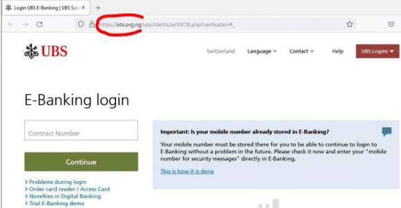 Screenshot gefälschte UBS-Webseite