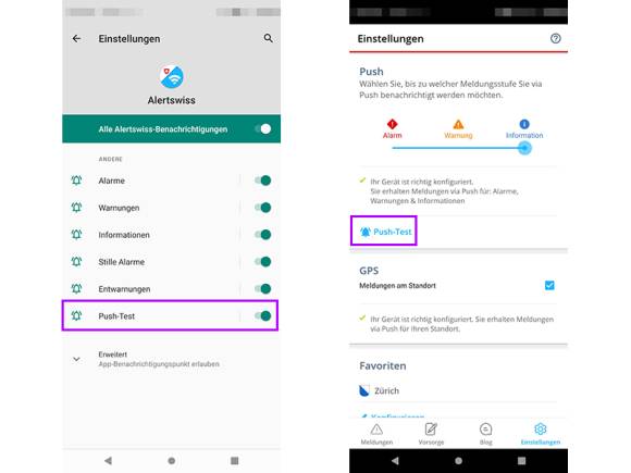 Screenshots der Berechtiungen und der App-Einstellungen