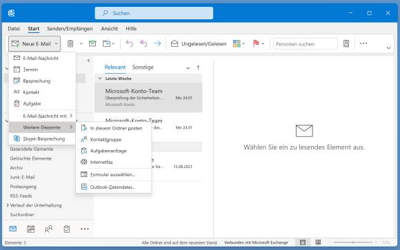 Screenshot Outlook mit geöffnetem Neu-Menü