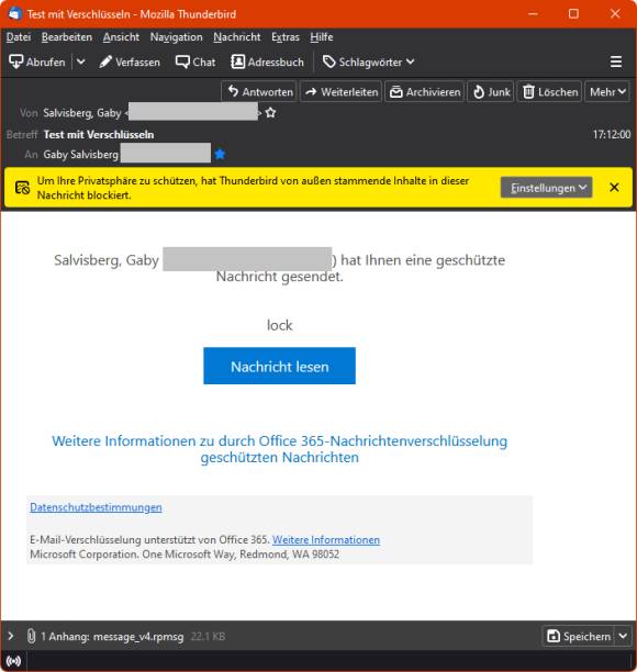 Meldung verschlüsselte Mail erhalten in Thunderbird