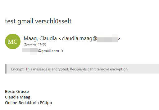 Durch die Einmalkennung ist die verschlüsselte Outlook-Mail nun lesbar Die verschlüsselte Mail in Gmail