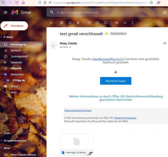 Verschlüsselte Outlook-E-Mail bei Gmail-Empfänger 