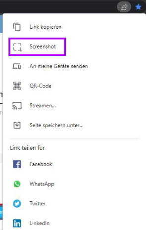 Teilen-Menü mit Screenshot-Option