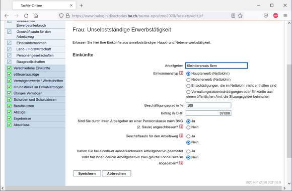 Screenshot Onlinesteuererklärung Bern