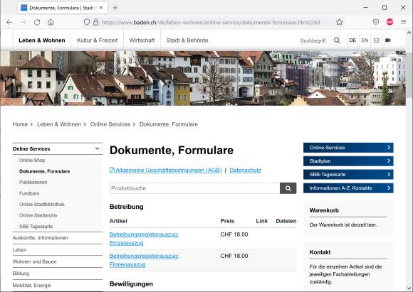 Webseite der Stadt Baden/AG zum Bestellen des Betreibungsregisterauszugs