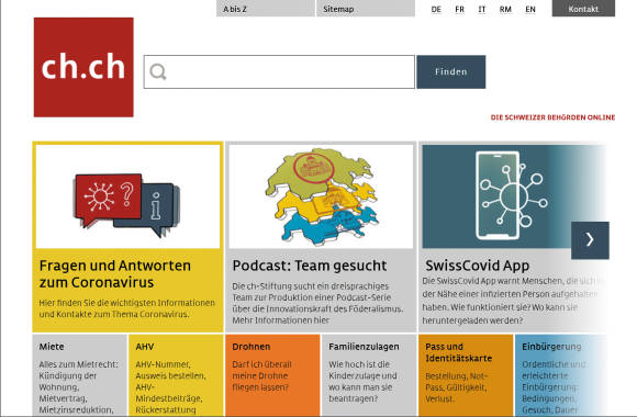 Screenshot der ch.ch-Webseite 