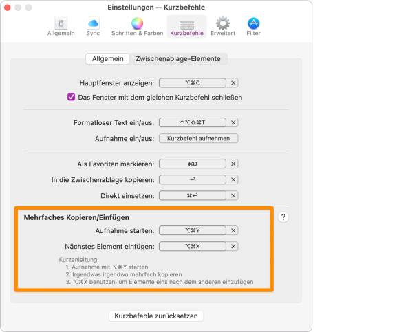Der Screenshot zeigt die Einstellung, um mehrere Zwischenablagen zu stapeln