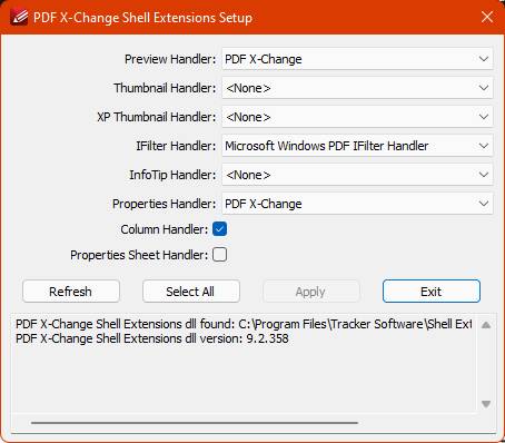 Mit einem Hilfsprogramm von PDF-XChange lässt sich der Reader aus gleichem Haus als Preview Handler setzen Screenshot Hilfsprogramm des PDF X-Change Editors