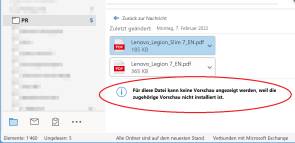 Screenshot Fehlermeldung in Outlook 