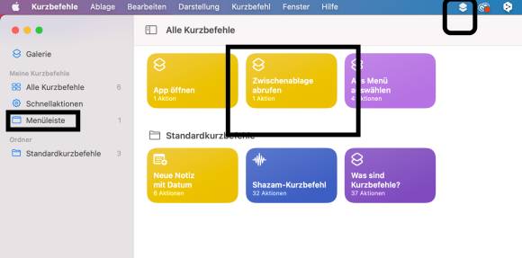 Screenshot zu den Kurzbefehlen 