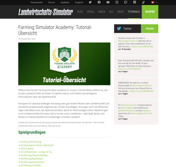 Screenshot der Academy-Seite von Giants Software