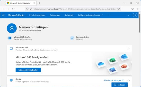 Das Microsoft-Konto im Browser, mit der Beschriftung Namen hinzufügen