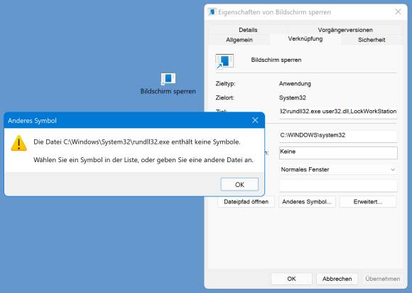 Screenshots Verknüpfungseigenschaften mit Fehlermeldung "Die Datei enthält keine Symbole"
