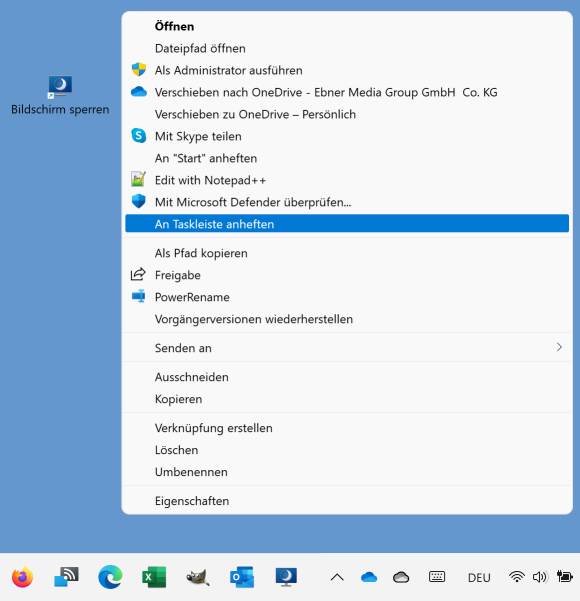 Screenshot Kontextmenü An Taskleiste anheften und das Symbol in der Taskleiste