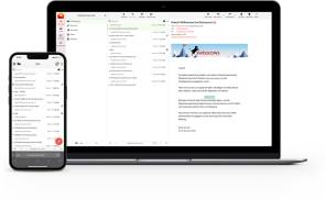 Screenshot swisscows.email auf einem Notebook und einem Smartphone 