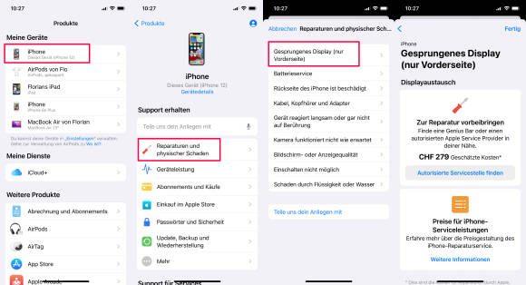 Screenshots Reparatureinschätzung auf dem iPhone 