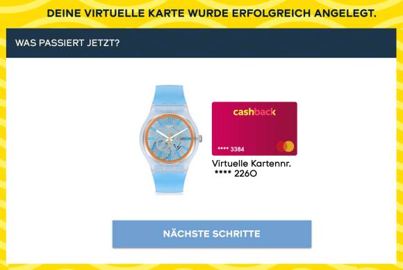Der Screenshot zeigt die gewählte Swatch zusammen mit der verknüpften Kreditkarte